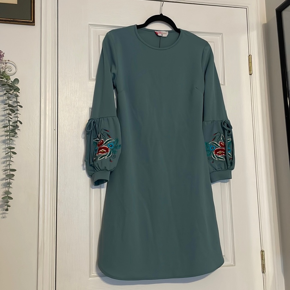 Blue Sweater Dress with Floral Puff Sleeve